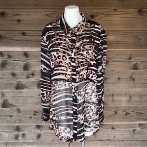 Multiples Sheer Gold Leopard Over Zebra Split Hem Hi-Low Tunic Size XL